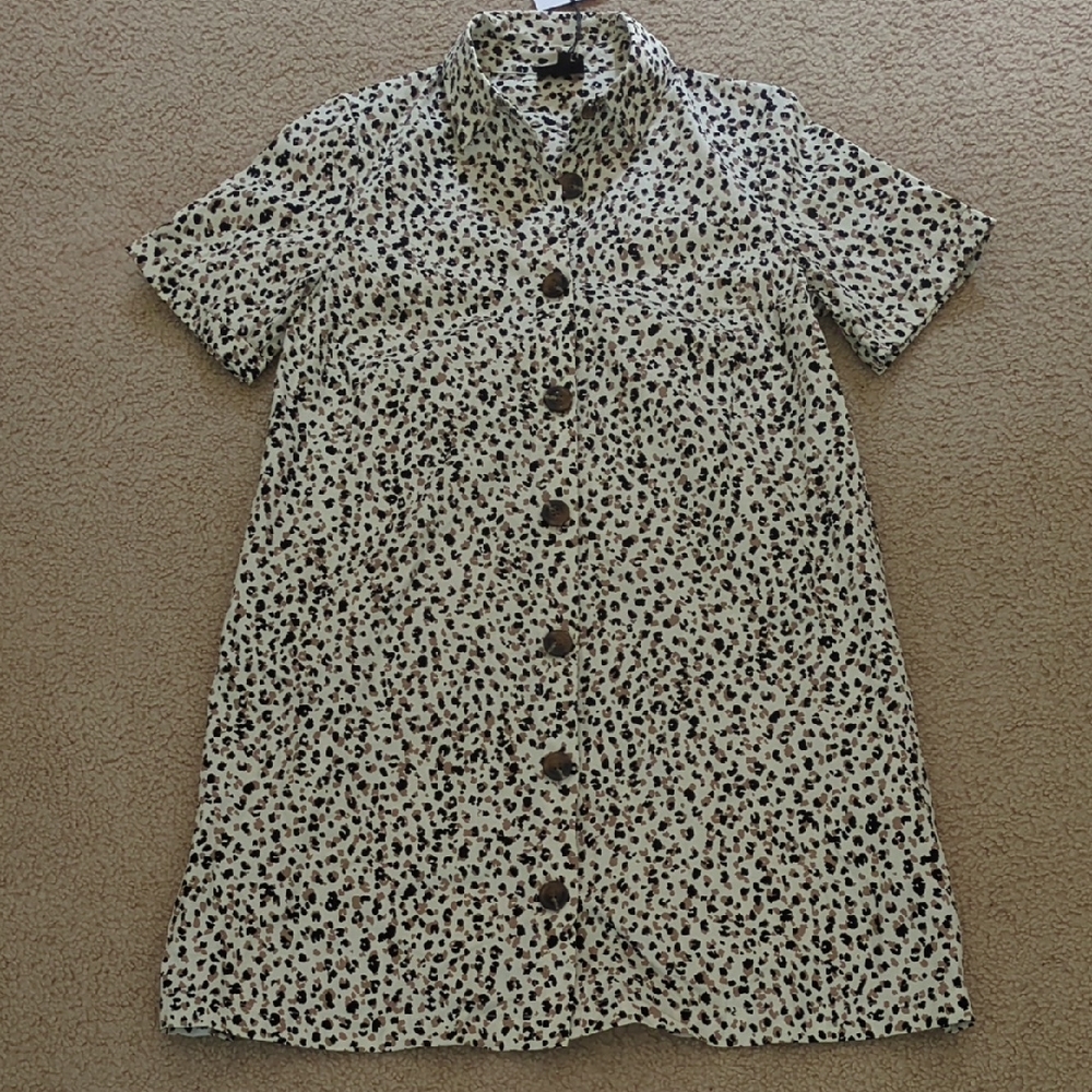 New! Who What Wear Leopard Animal Print Button Up Shirt Sleeve Collar Dress
